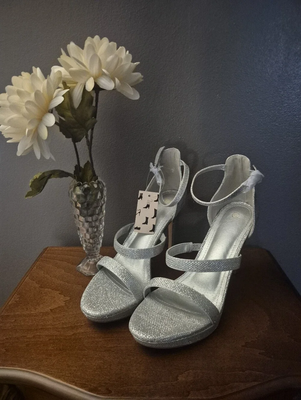 Silver Glitter Ankle-Strap Stiletto Heels